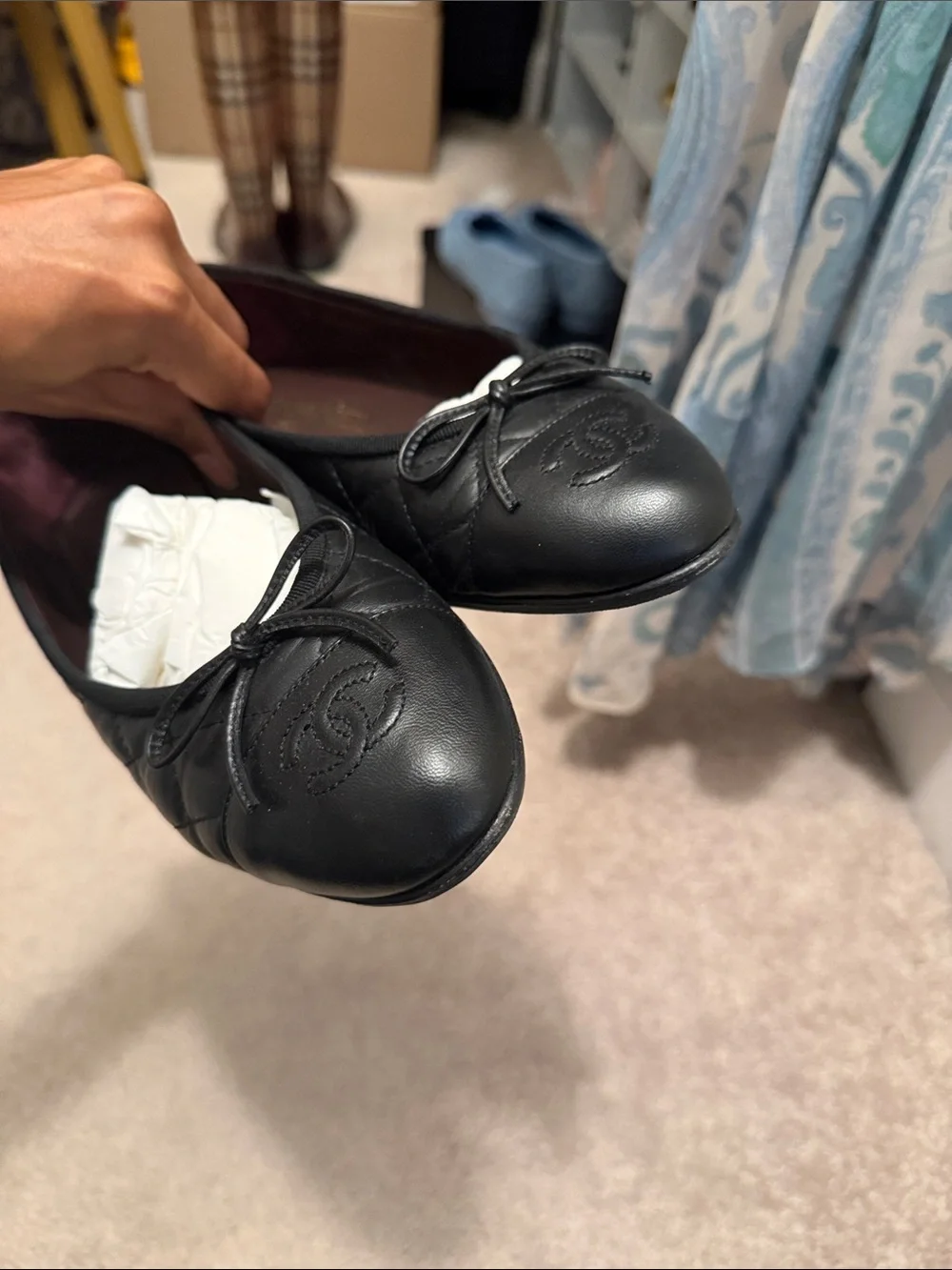 CHANEL Black Quilted Leather Ballet Flat with CC Cap Toe